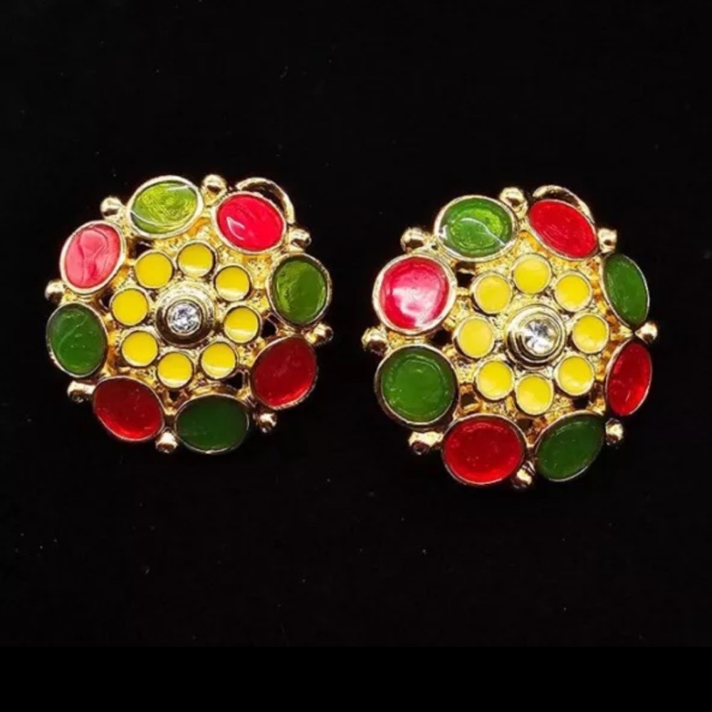 Vintage Jose Maria Barrera X Avon Rhinestone Floral Enamel Earrings Clip-On
